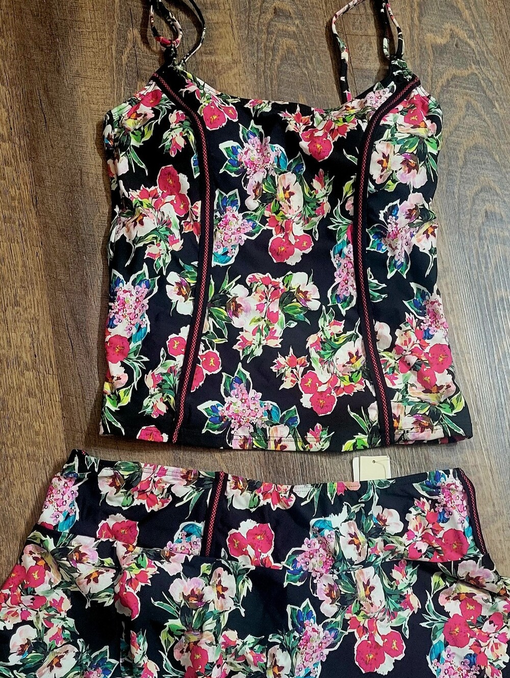 Floral Print Black Strappy Cami and Skirt Set Swimsuit